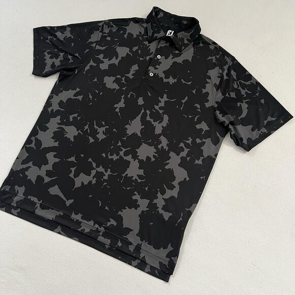 Footjoy Men Black Gray Floral Camo Print Stretch Golf Short Sleeve Polo Shirt L - Picture 2 of 9